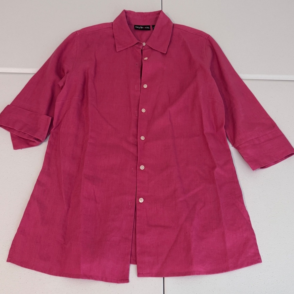Style & Co‎ Pink 100% Linen Button Down Tunic Shirt 3/4 Sleeve Size 8 H3